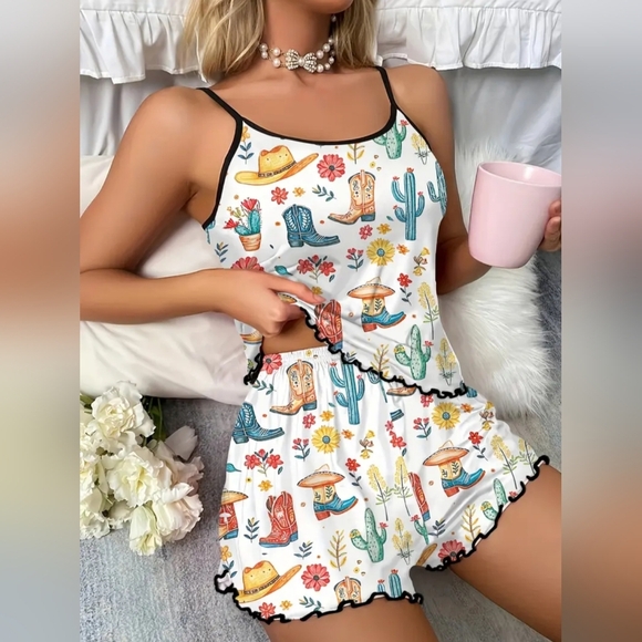 NEW Colorful Boho Western Cowgirl Cactus Print Pajama Set (#1,537) - Picture 1 of 4